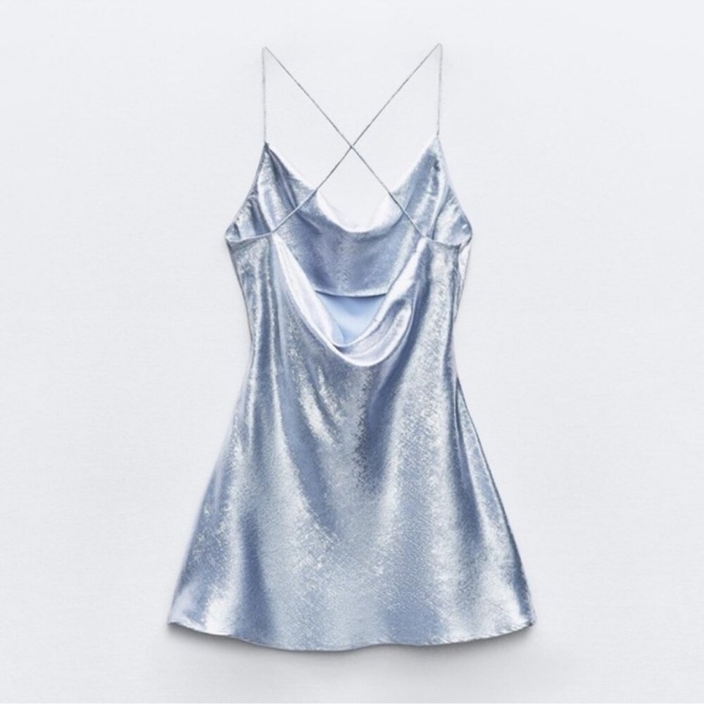 Zara Foil Blue Mini Slip Dress Cowl Neck Sleeveless NWT SIZE XS - Picture 4 of 4